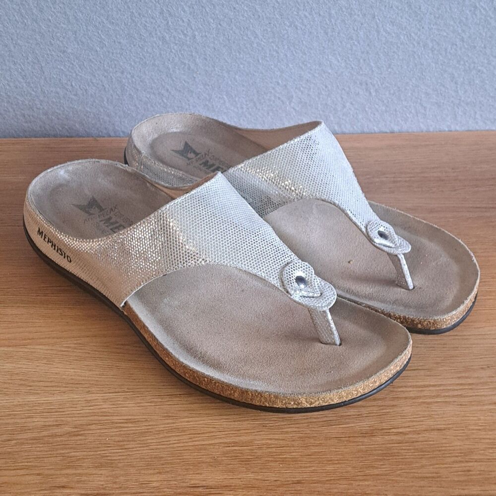 Mephisto Agacia Women’s 37 Silver Metallic Sandals Flat Thong Flip Flop Summer